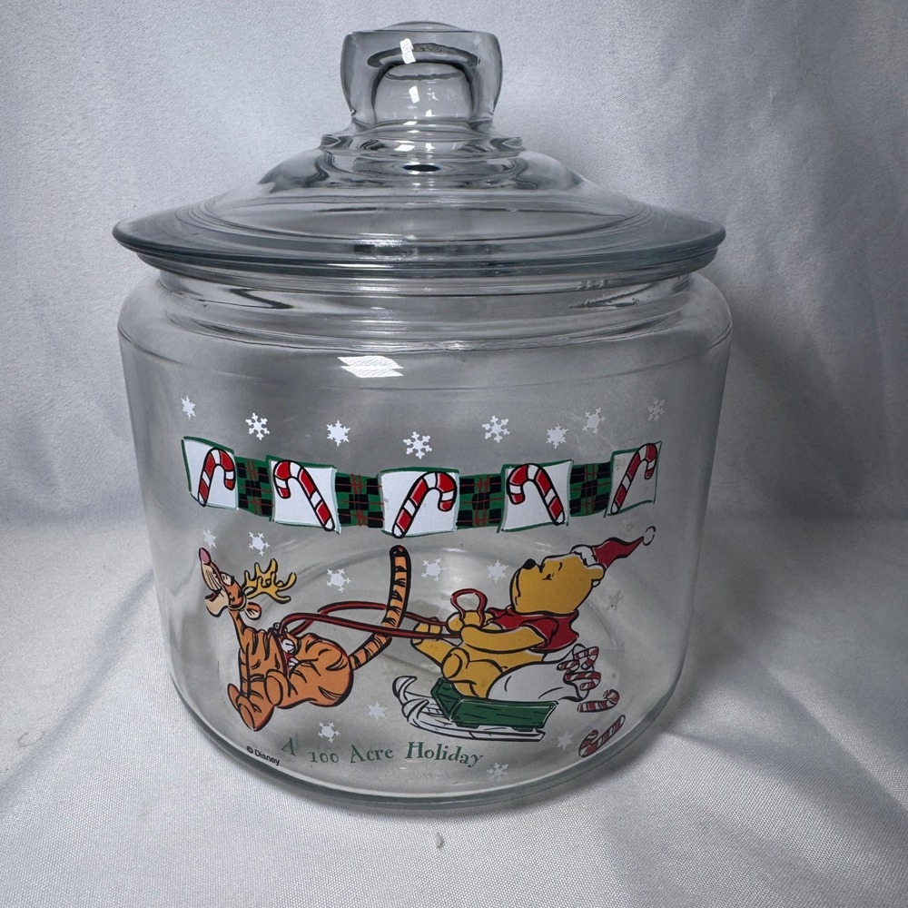 Disney Winnie the Pooh Tigger Christmas Glass Cookie Jar Anchor Hocking 8.5in